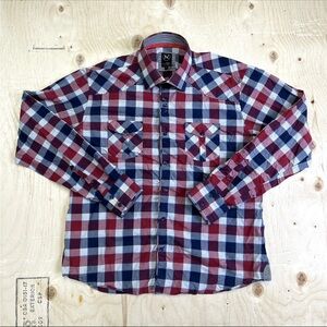 Au Noir Men's Shirt Button Up Long Sleeve Size 7 Blue Red White Plaid Checkered